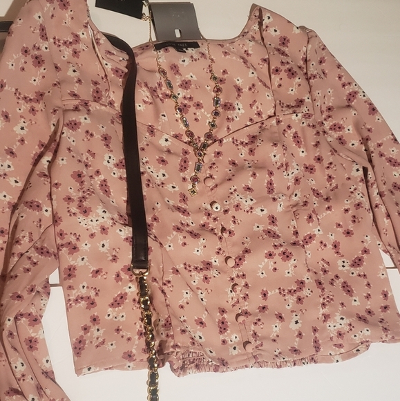 Large Women Crop Long Sleeve Woven Blouse Pink Floral Love Tree Corset - Picture 4 of 5